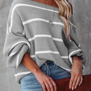 Women Yarn/Wool Yarn Striped Long Sleeve Comfy Casual Sweater, Sweaters, color:Gray|size:XL, Noracora