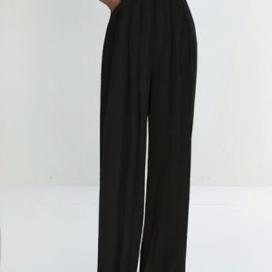 Elegant Pleated Long Wide Leg Pants, Wide Leg Pants, color:Black|size:XS, Stylewe