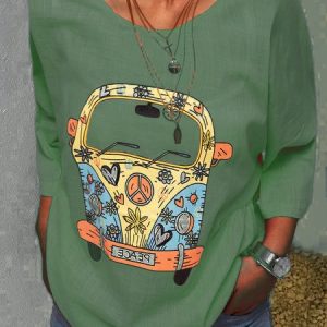Cotton Half Sleeve Boho Long Sleeve Tops, T-Shirts, color:Green|size:5XL, JustFashionNow