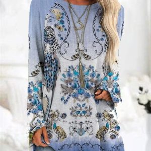 Crew Neck Long Sleeve Random Print Regular Medium Elasticity Loose Shirt For Women, Blouses, color:Color2|size:3XL, Noracora