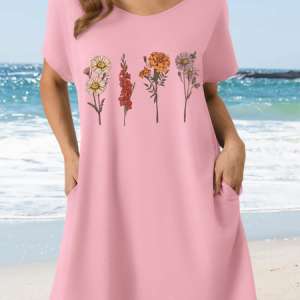 Women's Wild Flower Casual V Neck Floral Dress With Bracelet, color:Pink|size:3XL, Lilicloth.com