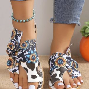 Women Bowknot Sunflower Cow Pattern Toe Ring Slide Sandals, Sandals, color:As Picture|size:43, Noracora