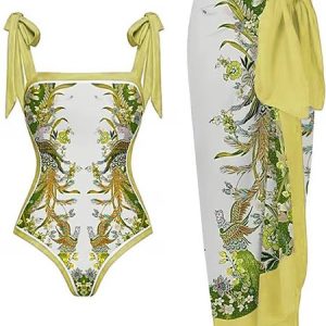 Plants Vacation Printing One Piece With Cover Up, One-Pieces, color:Yellow|size:XXL, Stylewe
