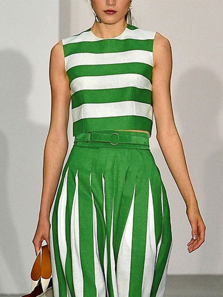 Regular Fit Striped Casual Crew Neck Tank Top, Tanks and Camis, color:Green|size:XXL, Stylewe