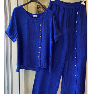 Plain Loosen Casual Two-Piece Set Women's Linen Loungewear Sets Summer Outfits Short Sleeve Tops with High Waist Loose Wide Leg Pants Trousers Lounge Suits, Suit Set, color:Blue|size:XXL, JustFashionNow