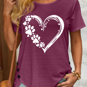 Women's Paw Heart Crew Neck Casual Loose Cotton-Blend T-Shirt, color:Wine Red|size:3XL, Lilicloth.com