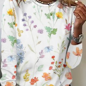 Crew Neck Casual Floral T-Shirt, T-Shirts, color:White|size:XXL, JustFashionNow