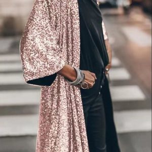 Casual Plain Glitter V Neck Trench Coat, Trench Coats, color:Pink|size:L, JustFashionNow