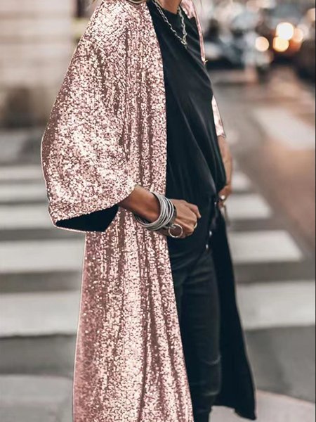Casual Plain Glitter V Neck Trench Coat, Trench Coats, color:Pink|size:L, JustFashionNow