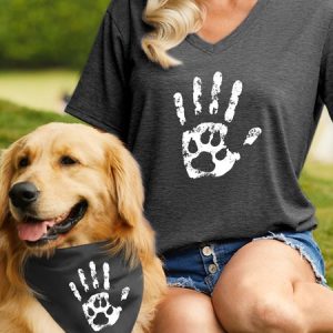 Women's Pet Lovers Hand and Paw Print Paint Matching V Neck T-Shirt, color:Gray|size:XXL, Lilicloth.com