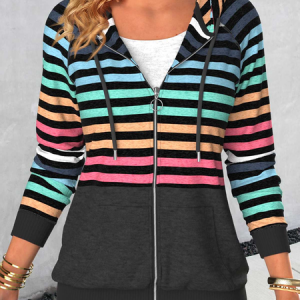 Zipper Casual Striped Loose Hoodie, Sweatshirts & Hoodies, color:Black|size:XXL, JustFashionNow