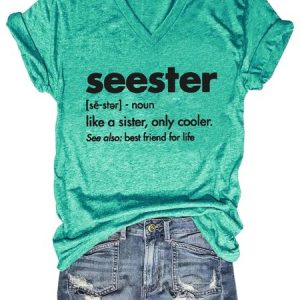 Seester Like A Sister V Neck Short Sleeve T-shirt, color:Green|size:3XL, Lilicloth.com