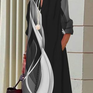 Geometric Loose Casual Shawl Collar Dress, Dresses, color:Black-white|size:XXL, JustFashionNow