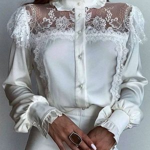 Plain Stand Collar Regular Fit Elegant Blouse, Blouses and Shirts, color:White|size:XXL, Stylewe
