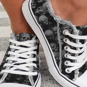 Halloween Black Skull Braided Canvas Flats, color:Black|size:43, Lilicloth.com