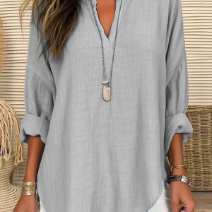 V Neck Casual Loose Shirt, Shirts & Blouses, color:Gray|size:XXL, JustFashionNow