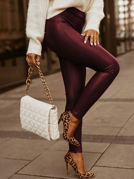 Solid Slim Fit Leather Skinny Pants, Skinny Leg Pants, color:Wine Red|size:XXL, Stylewe