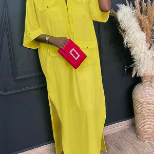 Loose Plain Urban Short Sleeve Maxi Dress, Maxi Dresses, color:Yellow|size:XXL, Stylewe