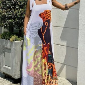 Vacation Regular Fit Figure Square Neck Dress, Maxi Dresses, color:White|size:XXL, Stylewe