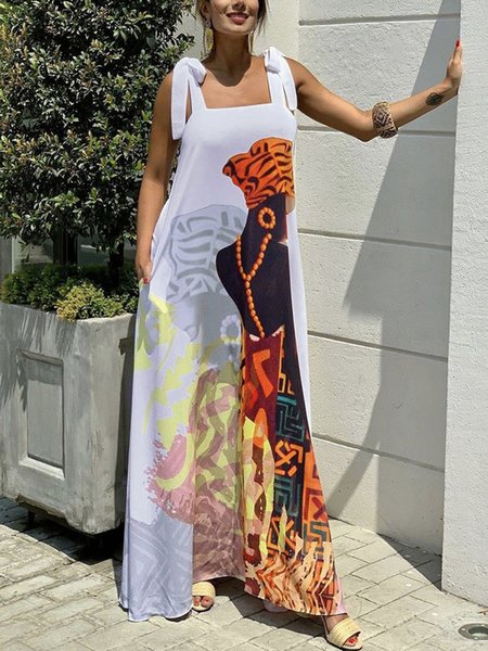 Vacation Regular Fit Figure Square Neck Dress, Maxi Dresses, color:White|size:XXL, Stylewe
