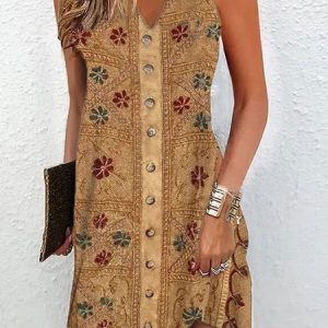 Loose Ethnic Vintage V Neck Dress, Dresses, color:Khaki|size:XXL, JustFashionNow