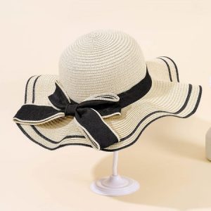 Holiday Bow Ribbon Contrasting Straw Wide Brim Hat, Women Hats, color:Beige|size:One-size, JustFashionNow