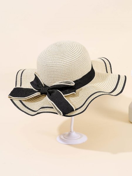 Holiday Bow Ribbon Contrasting Straw Wide Brim Hat, Women Hats, color:Beige|size:One-size, JustFashionNow