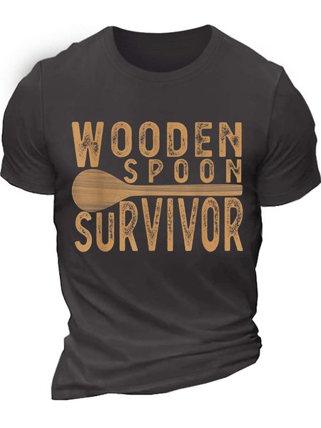 Men’s Wooden Spoon Survivor Casual Text Letters Cotton T-Shirt, color:Deep Gray|size:3XL, Lilicloth.com