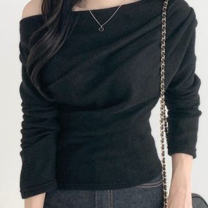 Urban Boat Neck Plain Long Sleeve T-Shirt, Tees, color:Black|size:XXL, Stylewe