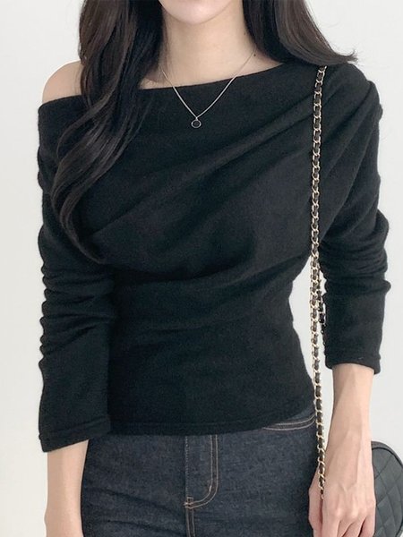 Urban Boat Neck Plain Long Sleeve T-Shirt, Tees, color:Black|size:XXL, Stylewe