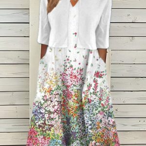 Elegant Floral Crew Neck Two-Piece Set, Casual Dresses, color:White|size:XXL, JustFashionNow