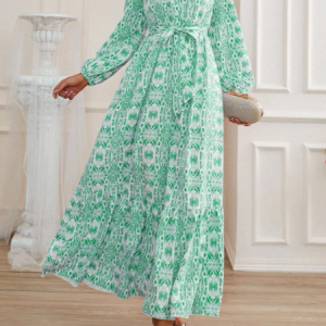 Women Floral Pattern Crew Neck Long Sleeve Comfy Casual Midi Dress, Dresses, color:Aqua|size:XXL, Noracora