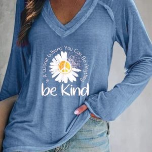 Casual V neck Long Sleeve Printed Tunic T-Shirt, T-shirts, color:Blue|size:XXL, Noracora