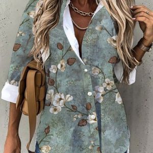 Casual Shirt Collar Floral Loose Blouse, Shirts, color:Green|size:XXL, catalog Noracora shop