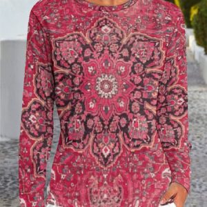 Casual Ethnic Crew Neck Long Sleeve T-shirt, T-shirts, color:Red|size:5XL, Noracora