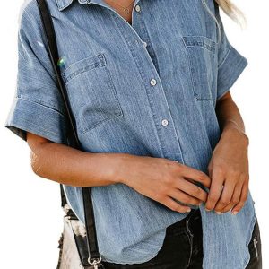 Basic Denim Shirt Urban Casual Women's Clothing, Shirts & Blouses, color:Blue|size:XL, JustFashionNow