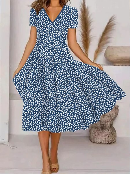 Plus Size Regular Fit V Neck Casual Dress, Dresses, color:Blue|size:4X, JustFashionNow