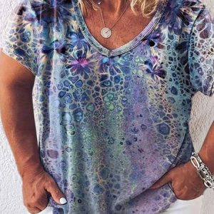 Plus Size Casual Geometric Abstract Floral Printed Off Shoulder Loosen Short Sleeve T-Shirt, T-Shirts, color:Blue|size:4X, JustFashionNow