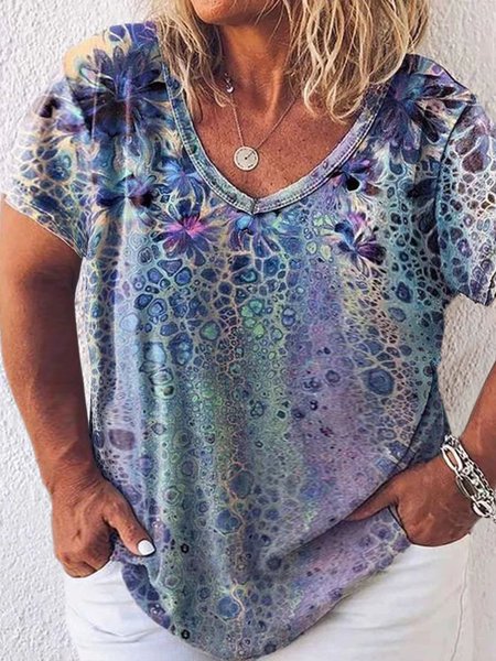 Plus Size Casual Geometric Abstract Floral Printed Off Shoulder Loosen Short Sleeve T-Shirt, T-Shirts, color:Blue|size:4X, JustFashionNow