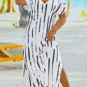 Plus Size Striped Short Sleeve V Neck Casual Dress, DRESSES, color:Black-white|size:4X, Noracora