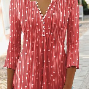 Women's Geometric Casual V-neck Daily Hot List A-Line Top Long Sleeve Henry Collar Polka Dots Stripes Tunic, Blouses, color:Red|size:XXL, Noracora