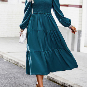 Women Plain V Neck Long Sleeve Comfy Casual Maxi Dress, Maxi, color:Deep Blue|size:XL, Noracora