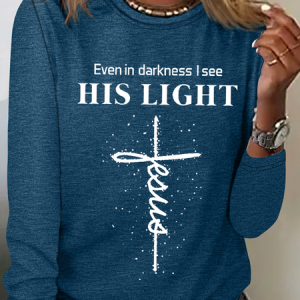 Women’s Cross Jesus Even In Darkness I See His Light Long Sleeve Top, color:Blue|size:3XL, Lilicloth.com