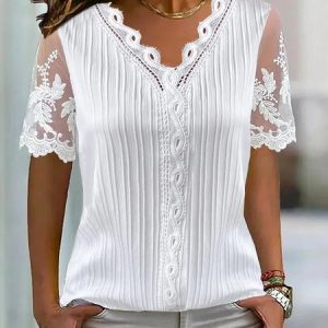 V Neck Plain Lace Casual Shirt, Shirts & Blouses, color:White|size:XXL, JustFashionNow