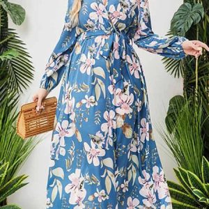 Casual Floral V neck Dress With No, Dresses, color:Blue|size:4X, JustFashionNow