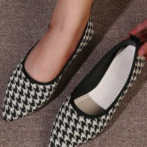 Casual Houndstooth Slip On Flat Heel Shallow Shoes, Flats/Loafers, color:Gray|size:40, Noracora