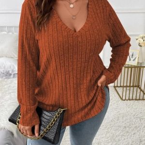Plain Long Sleeve V Neck Casual Shirt, TOPS, color:Deep Brown|size:4X, Noracora