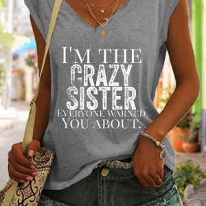 Crazy Sister Funny V-neck Tank Top, color:Gray|size:3XL, Lilicloth.com