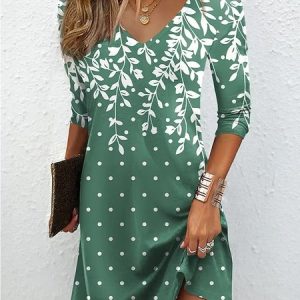 Loose V Neck Floral Casual Dress, Dresses, color:Green|size:XXL, JustFashionNow