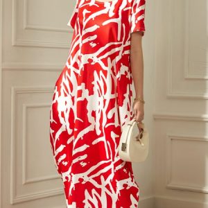 Vacation Crew Neck Short sleeve Abstract Loose Long Dress, Dresses, color:Red|size:XXL, Stylewe
